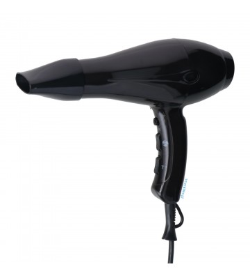 Secador de cabelo para hotelaria JVD Ibiza em preto com cabo espiral e bocal concentrador.