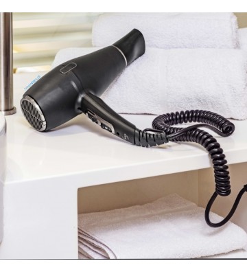Secador de cabelo para hotelaria JVD Calisto em preto mate de 2000 W com sistema iónico e cabo espiral.