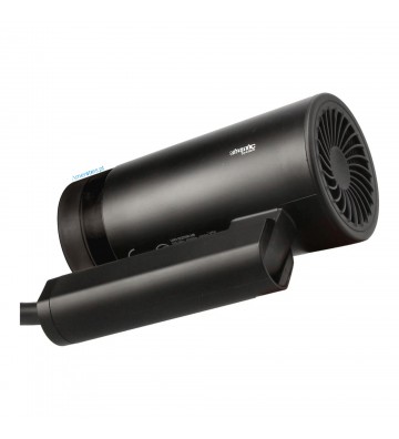 Secador de cabelo para hotelaria JVD Uno em preto, modelo compacto e dobrável com cabo em espiral para fixação em hotéis.