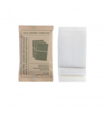 Pack de lenços de papel faciais extra suaves Eco Elements em embalagem Kraft FSC, para hotelaria.