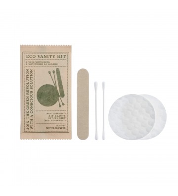 Kit de higiene ecológico Eco Elements com cotonetes de papel, discos de algodão e lima de unhas em embalagem Kraft.