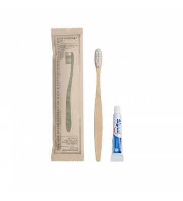 Kit dentário ecológico Eco Elements com escova de bambu natural e mini pasta de dentes em embalagem Kraft.