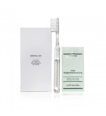 Kit de higiene oral Futura com escova de dentes e pasta dentífrica em embalagem de papel mate.