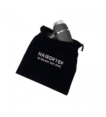 Saco para secador de cabelo JVD em algodão preto com cordão para apertar, para utilização em hotéis.